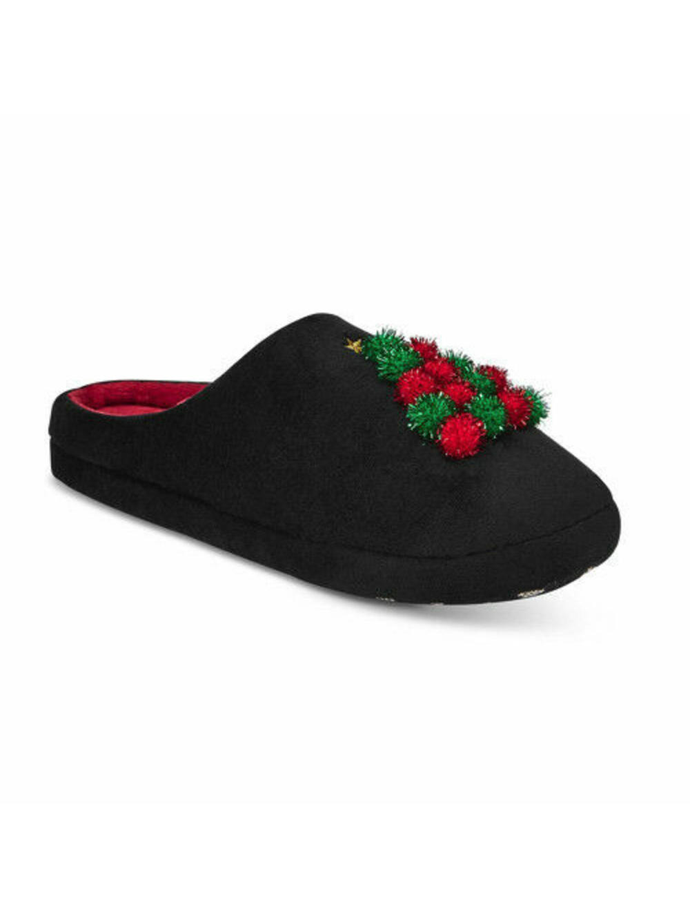 NEW Charter Club Black Red Pom-Poms Christmas Tree Plush Clog Slippers S 5-6